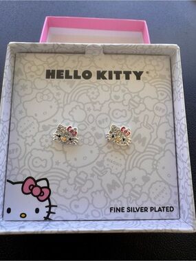 Hello Kitty Silver-Plated Stud Earrings with Pink Bows and faux crystals